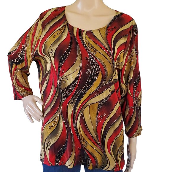 Brittany Black Women's 2X Tunic Top Multicolor Swirl Design Beaded 3/4 Sleeve - Picture 2 of 11